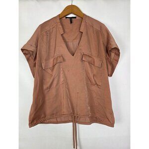 BCBG Max Azria Apricot Short Sleeve V-Neck Top Drawstring Hem Pockets M